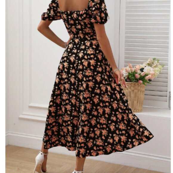 maxi floral orange dress side leg opening dress knotted front chest floral dress - Picture 2 of 4